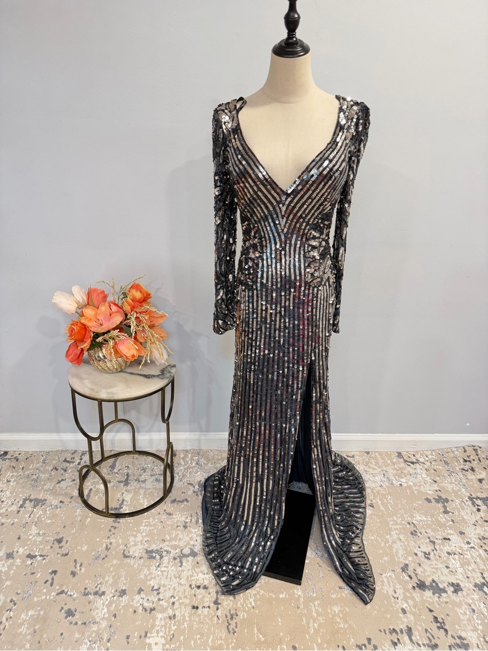 Primavera Couture Charcoal Grey Sequin V-Neck Long Sleeve Evening Gown
